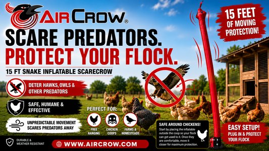 AirCrow 15 Ft Snake Inflatable Scarecrow protecting free-range chickens from hawks near a chicken coop