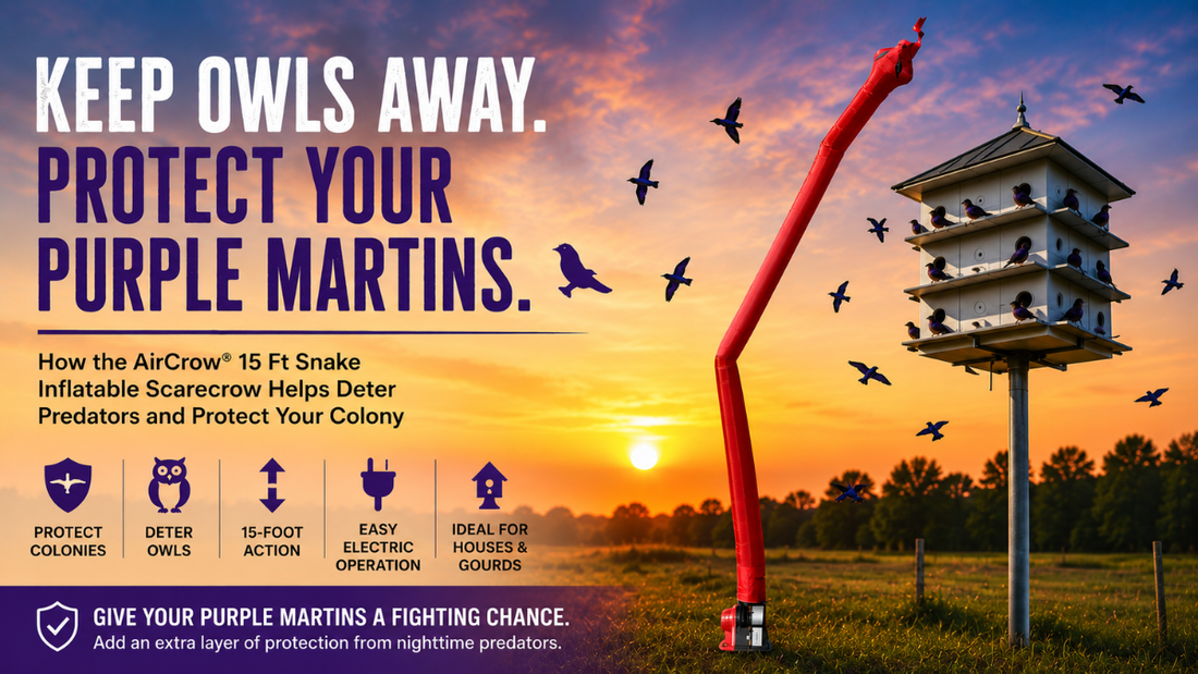 How to keep owls away from purple martin houses using the AirCrow Snake Inflatable owl deterrent.